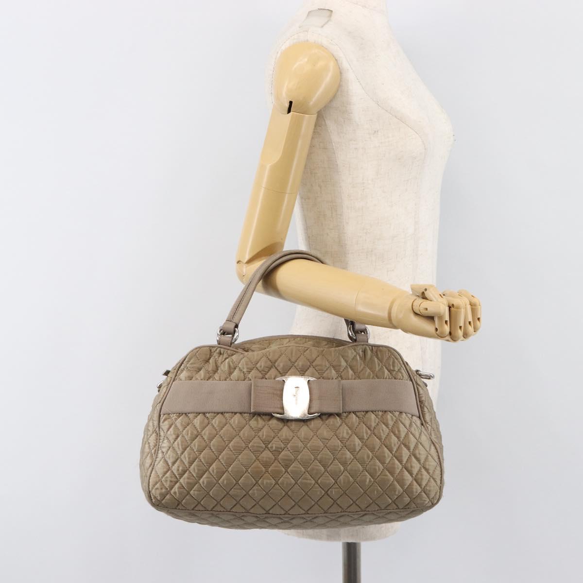 Salvatore Ferragamo Vala Hand Bag Nylon Brown Silver Auth hk4011