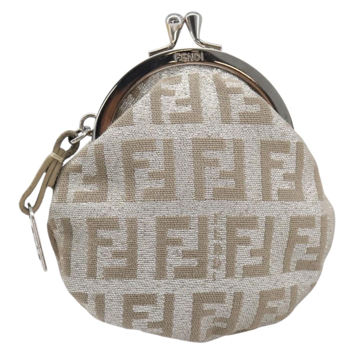 FENDI Zucchino Canvas Gamaguchi Coin Purse Silver Auth hk4013