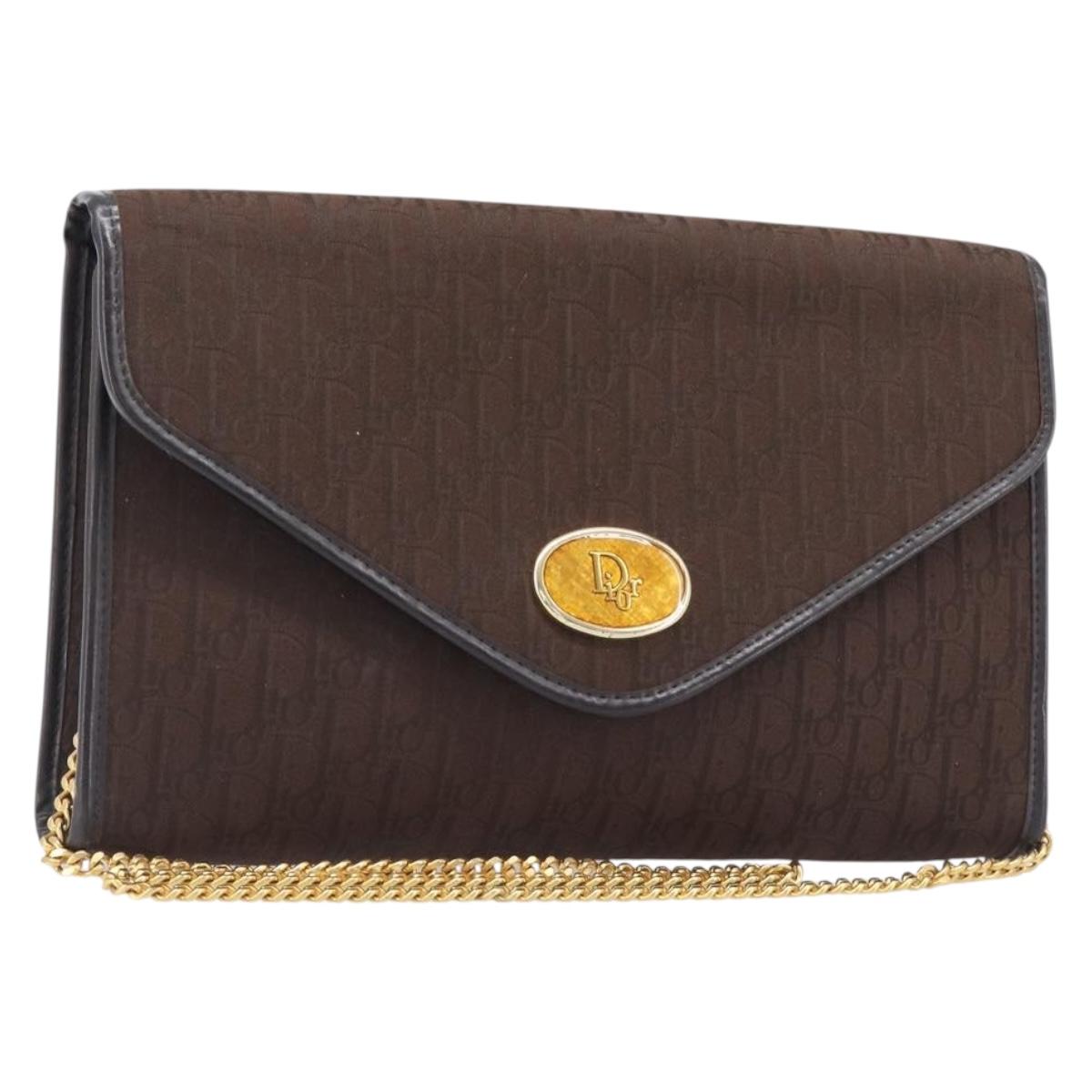 Christian Dior Trotter Canvas Chain Shoulder Bag Brown Gold Auth hk4014A