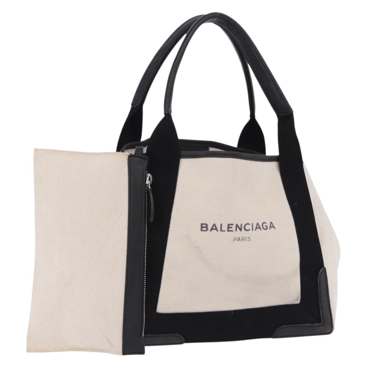 BALENCIAGA Navy Cabas Hand Bag Canvas White Black Auth hk4021