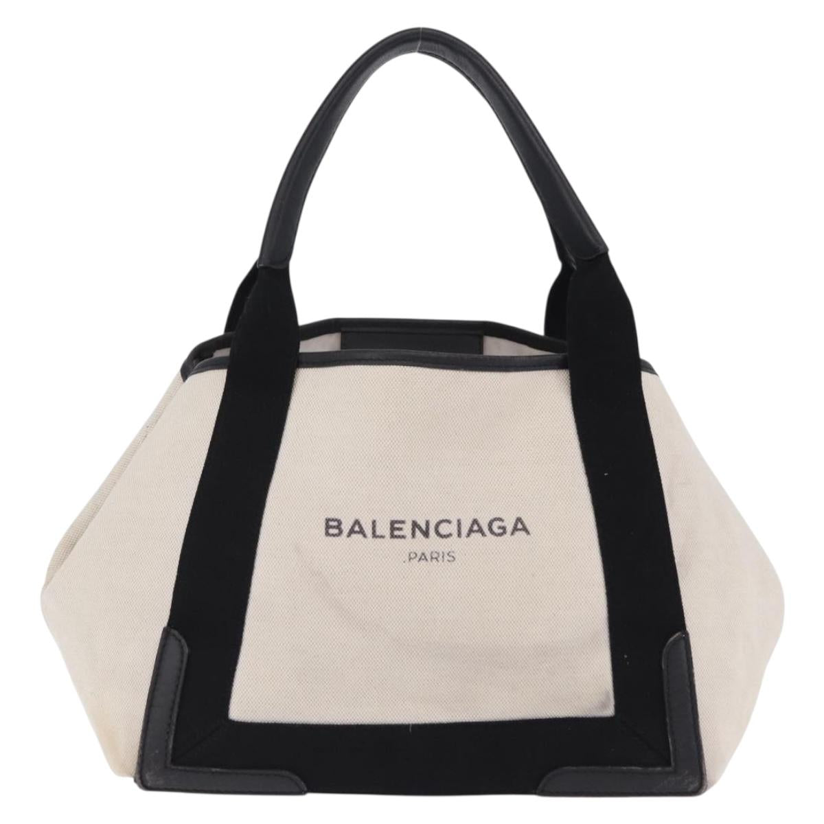 BALENCIAGA Navy Cabas Hand Bag Canvas White Black Auth hk4021