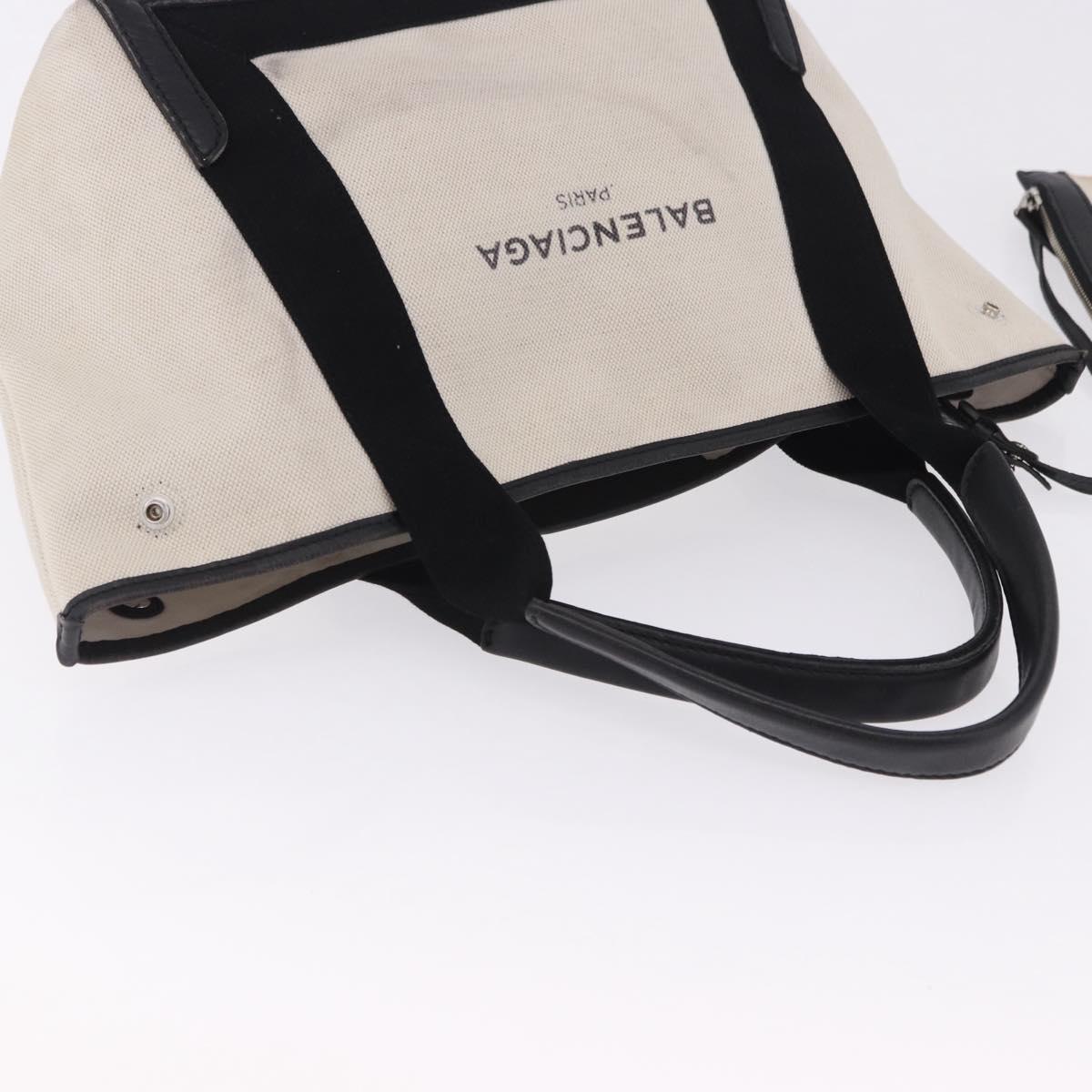 BALENCIAGA Navy Cabas Hand Bag Canvas White Black Auth hk4021