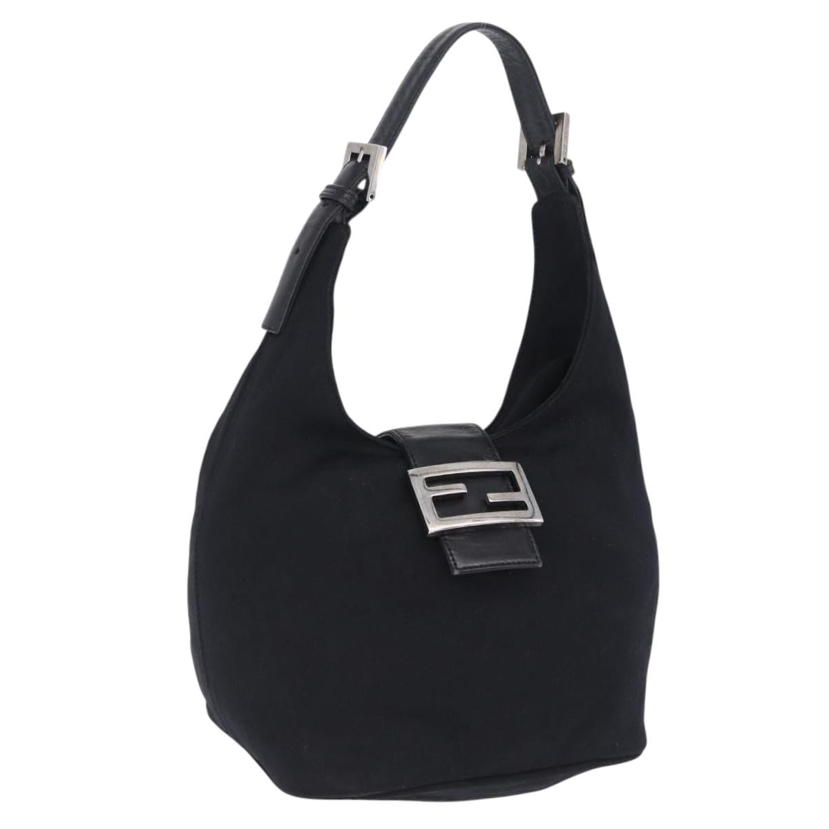 FENDI Shoulder Bag Cotton Jersey Black Silver Auth hk4025