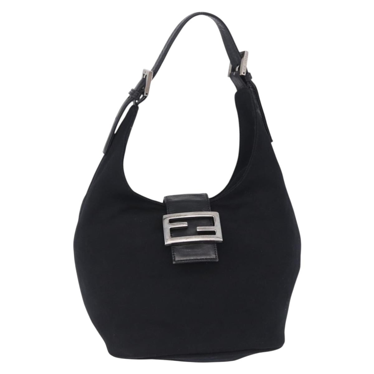 FENDI Shoulder Bag Cotton Jersey Black Silver Auth hk4025