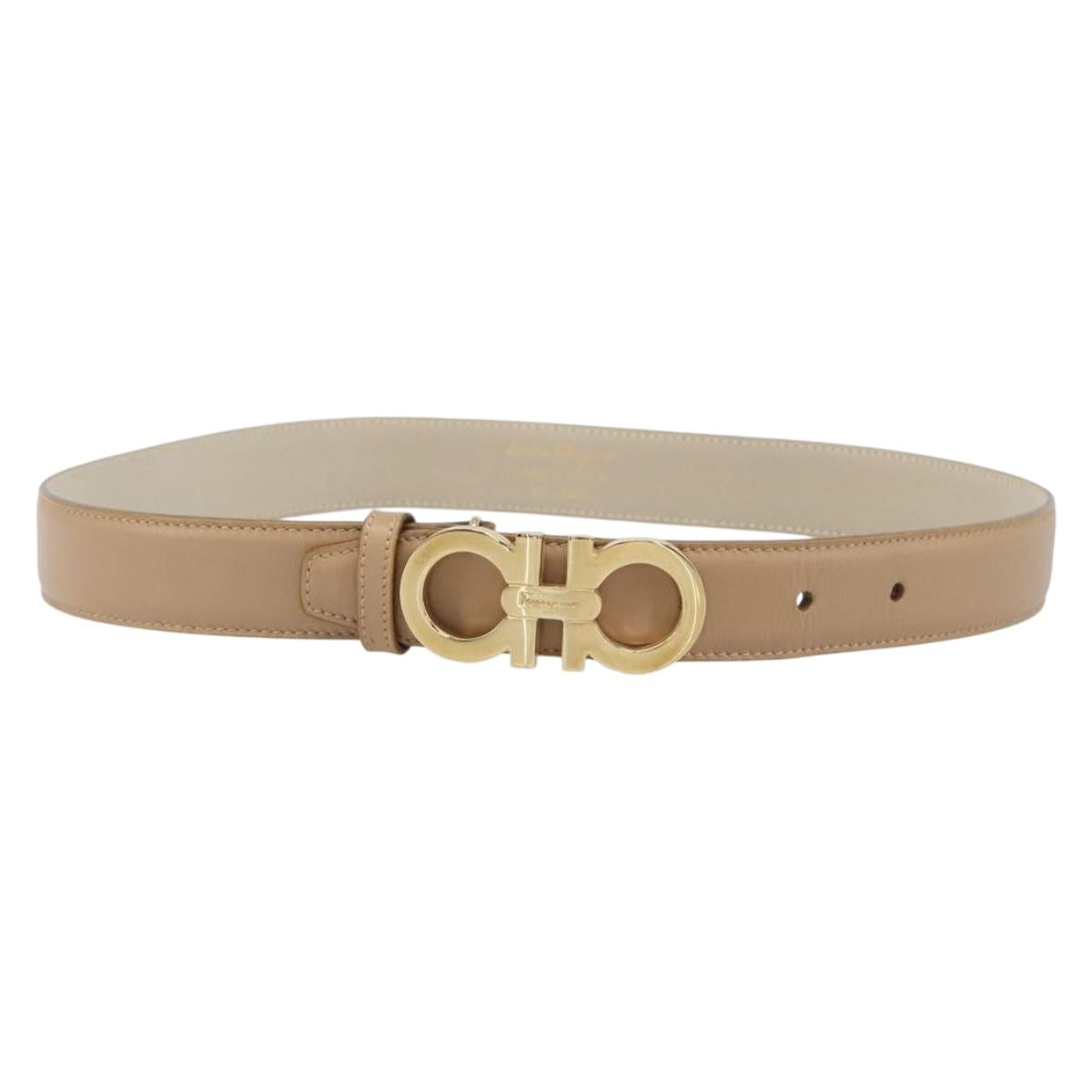 Salvatore Ferragamo Gancini Belt Leather 29.5"" Beige Gold Auth hk4030