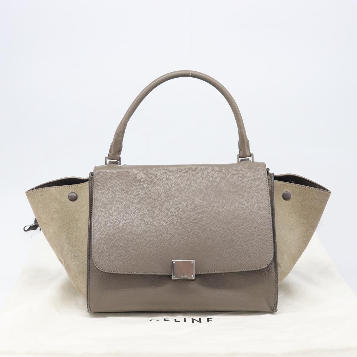 CELINE Trapeze Hand Bag Suede Leather 2way Beige Silver Auth hk4044