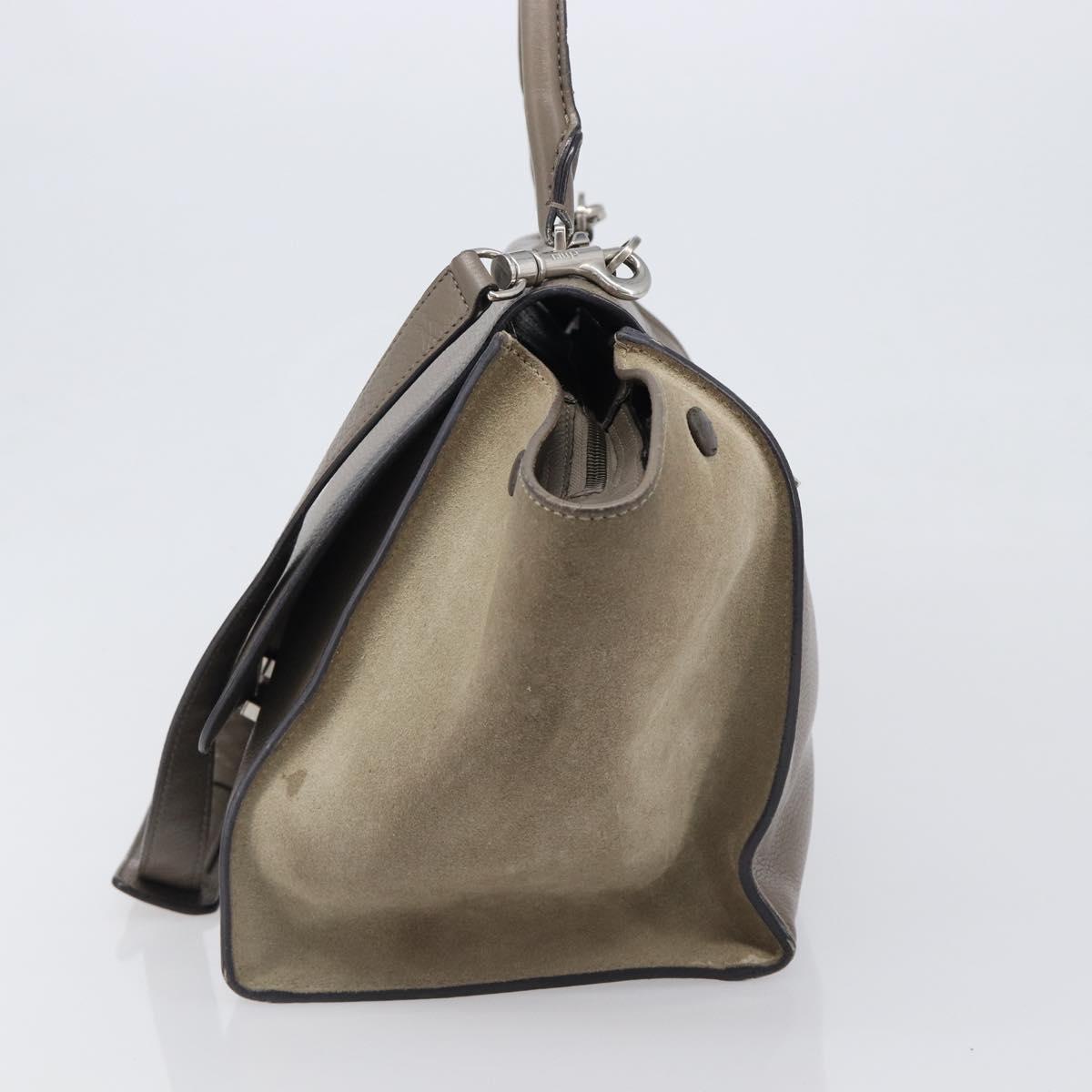 CELINE Trapeze Hand Bag Suede Leather 2way Beige Silver Auth hk4044