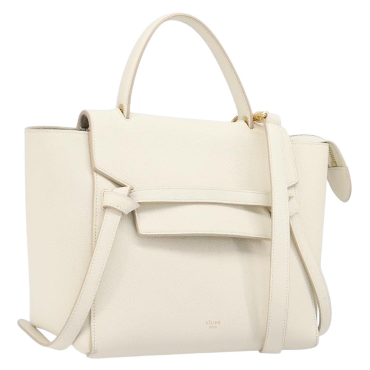 CELINE Small Belt Hand Bag Leather 2way White Gold Auth hk4050V