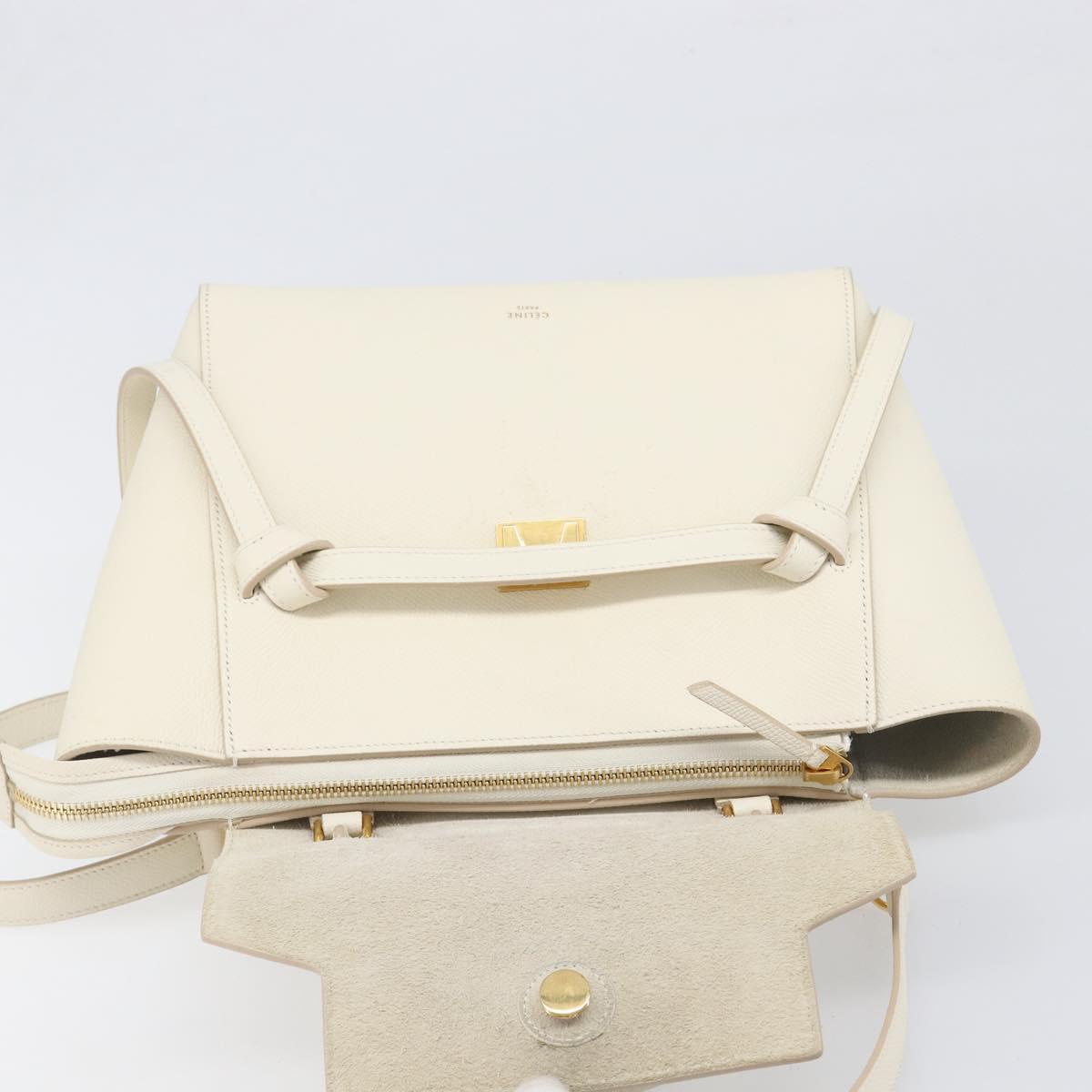 CELINE Small Belt Hand Bag Leather 2way White Gold Auth hk4050V
