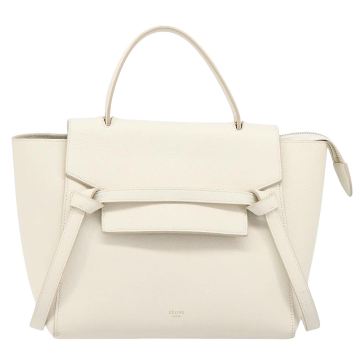 CELINE Small Belt Hand Bag Leather 2way White Gold Auth hk4050V