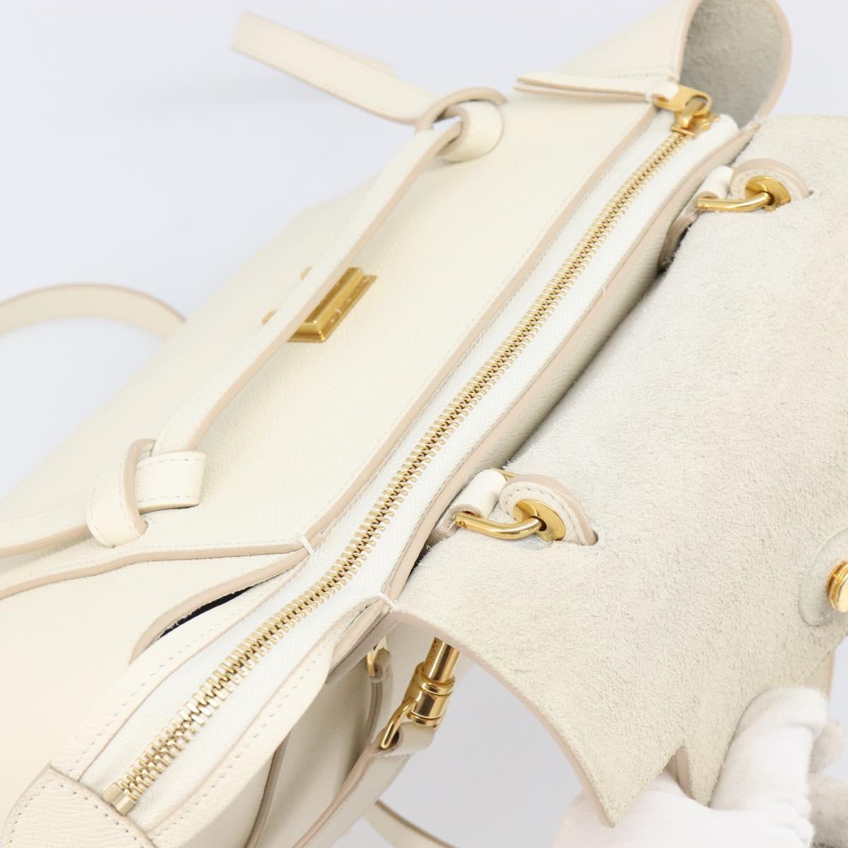 CELINE Small Belt Hand Bag Leather 2way White Gold Auth hk4050V
