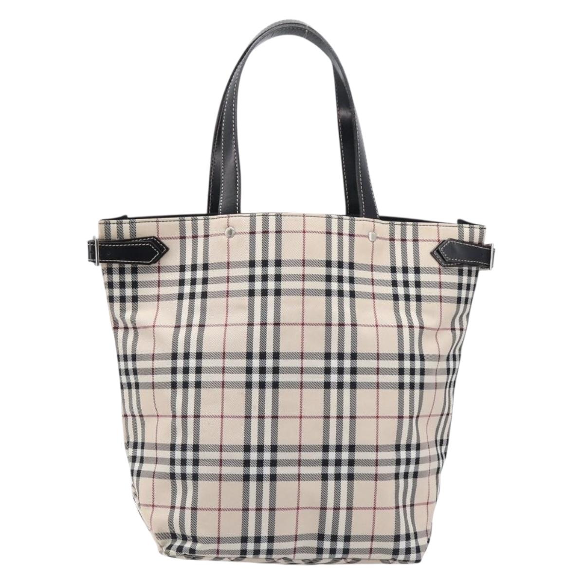 BURBERRY Nova Check Blue Label Tote Bag Canvas Beige Silver Auth hk4052A
