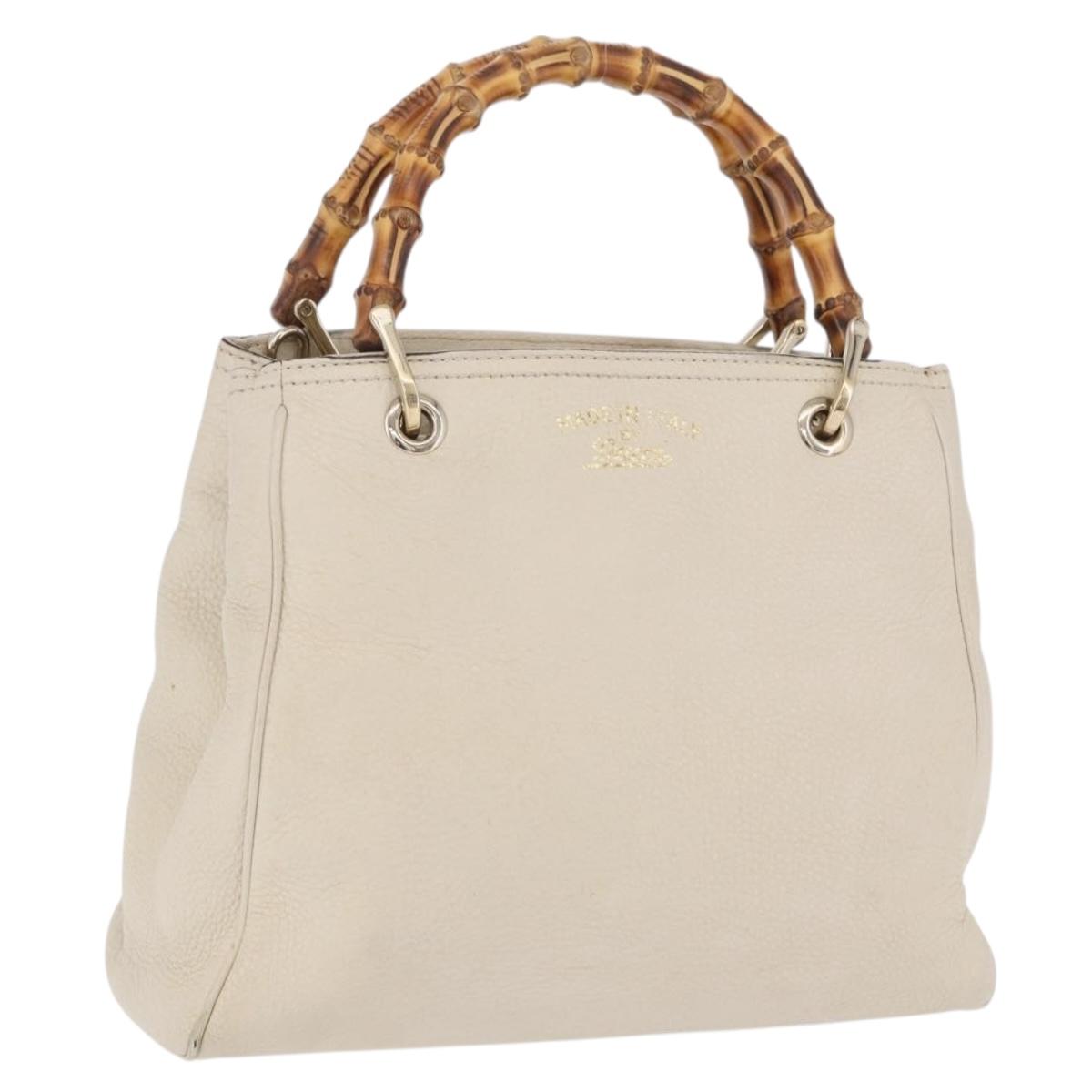 GUCCI Bamboo Hand Bag Leather White Gold 336032 Auth hk4056