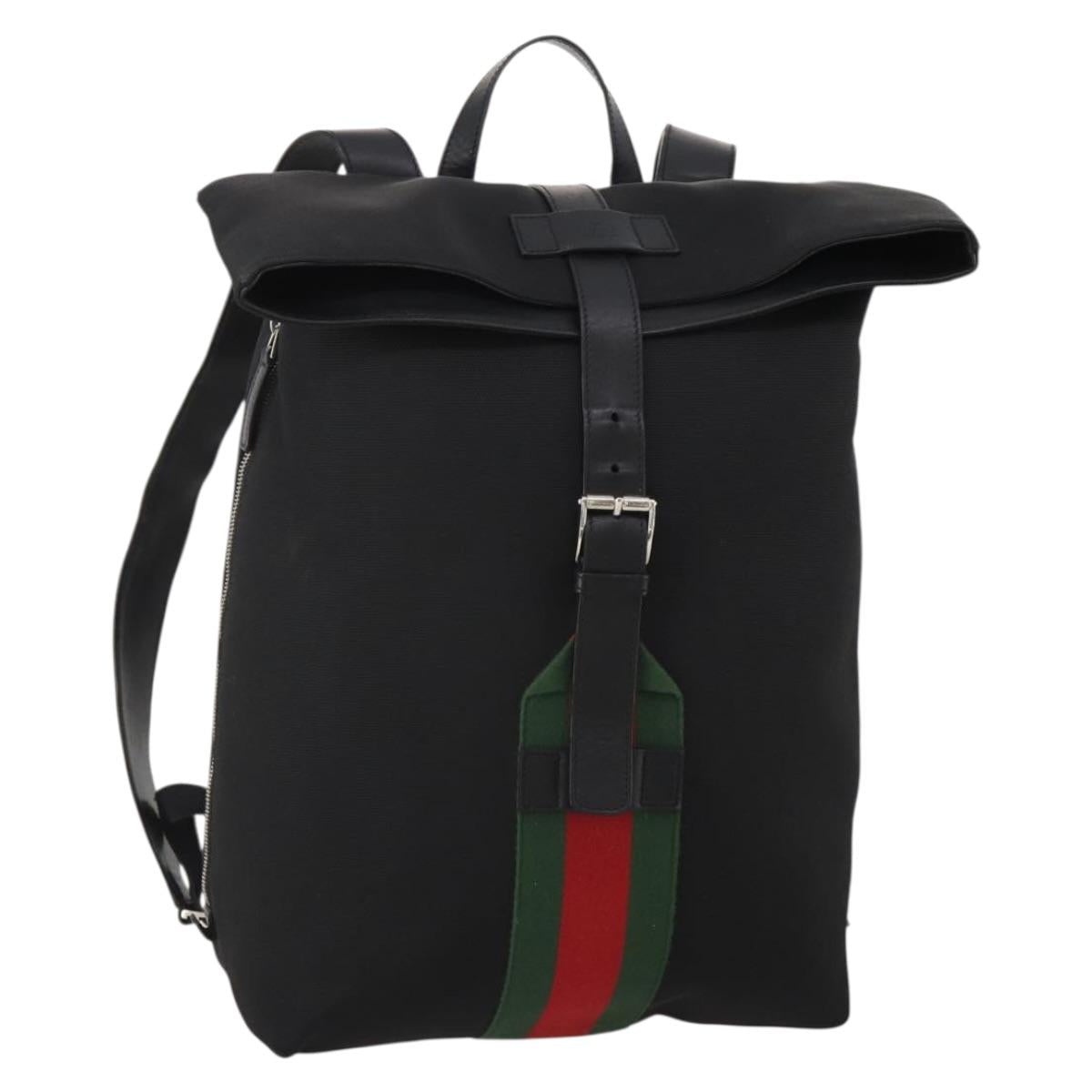 GUCCI Web Sherry Line Backpack Canvas Leather Black Silver 337075 Auth hk4063A