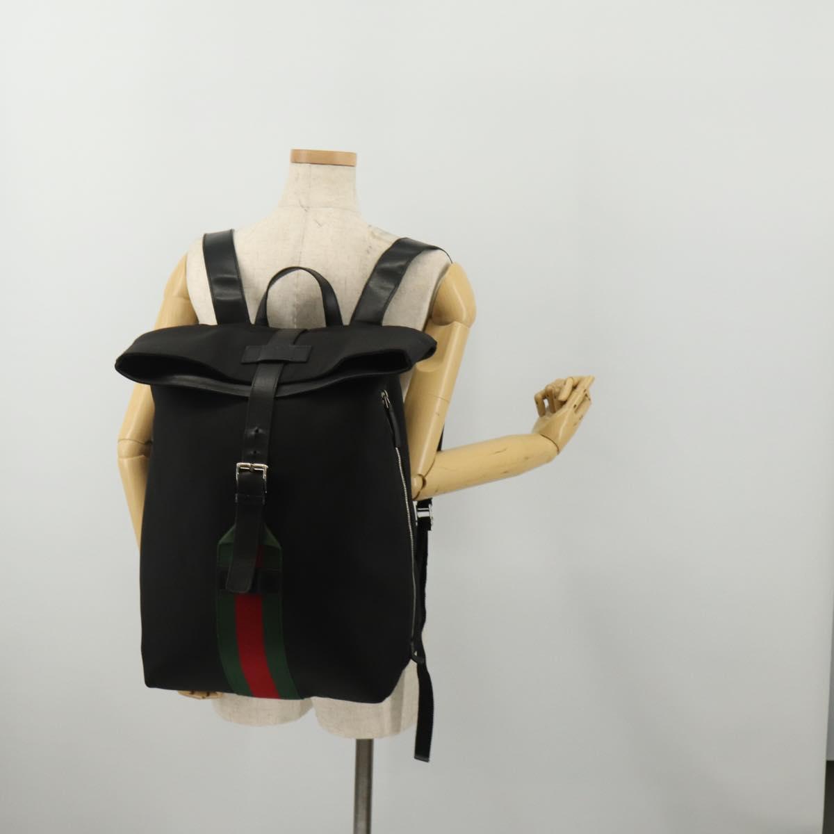 GUCCI Web Sherry Line Backpack Canvas Leather Black Silver 337075 Auth hk4063A