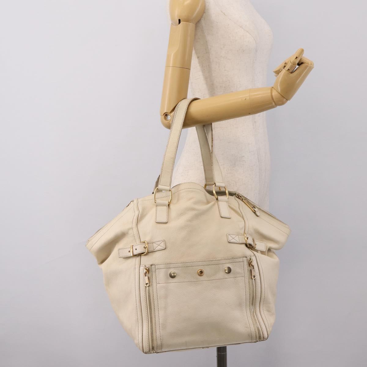SAINT LAURENT Downtown Tote Bag Leather White Gold 175884 Auth hk4076