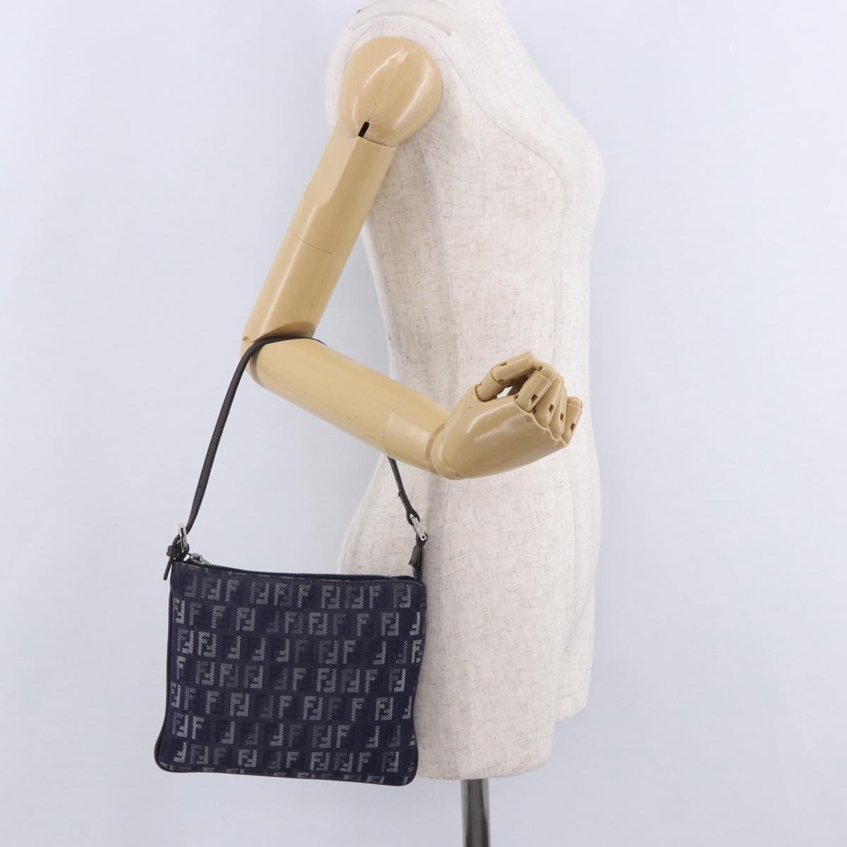FENDI Zucchino Canvas Hand Bag Blue Silver Auth hk4080A