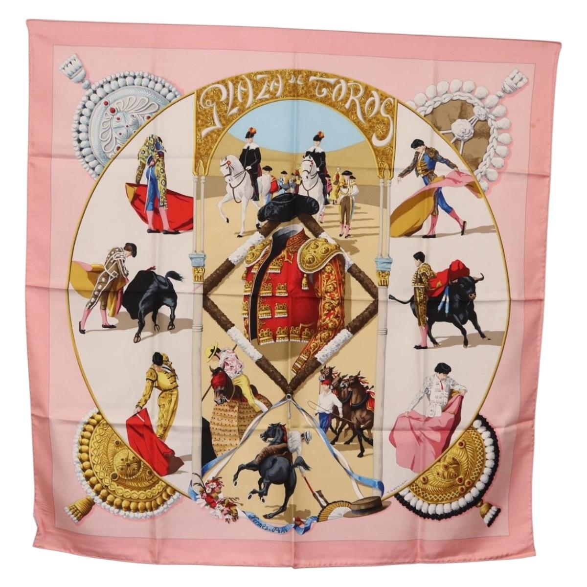 HERMES Carre 90 Scarf ""PLAZA D TOROS"" Silk Pink Auth hk4127