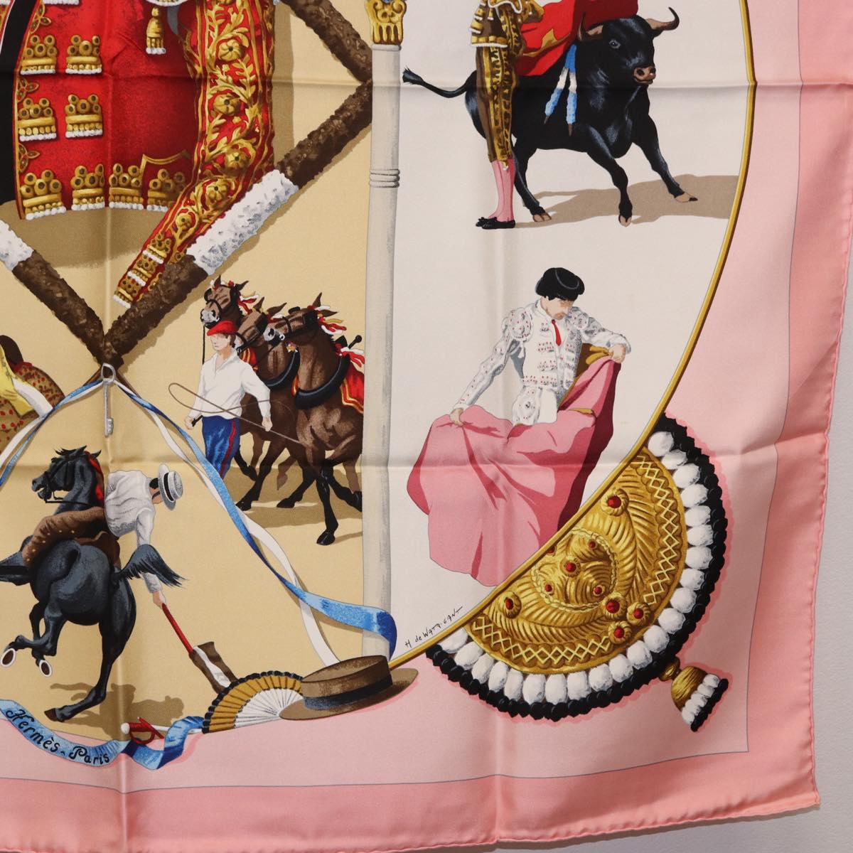 HERMES Carre 90 Scarf ""PLAZA D TOROS"" Silk Pink Auth hk4127