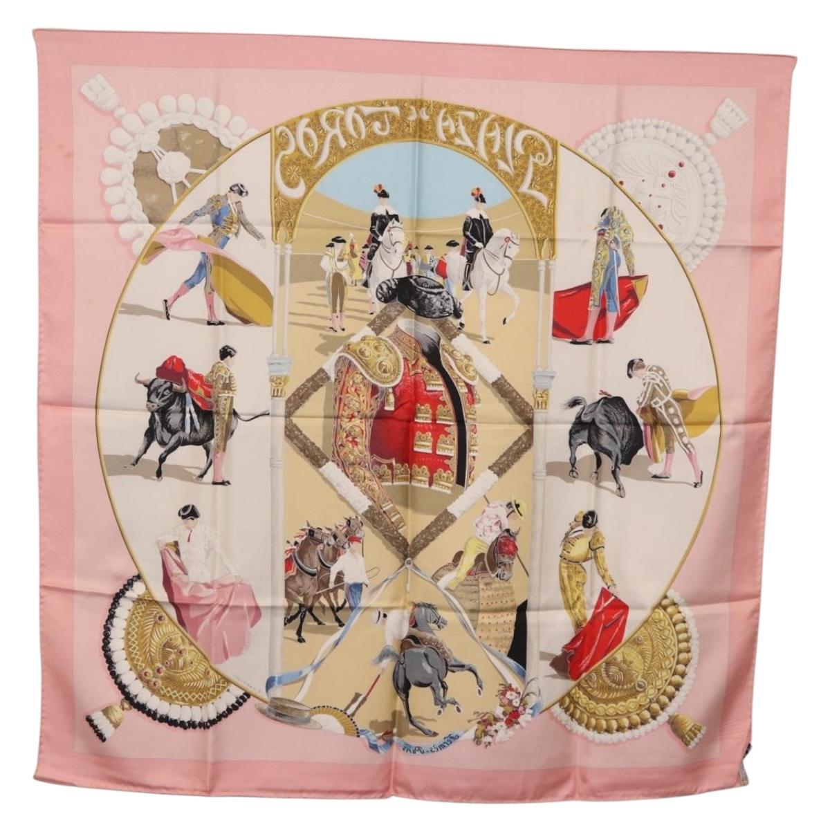 HERMES Carre 90 Scarf ""PLAZA D TOROS"" Silk Pink Auth hk4127