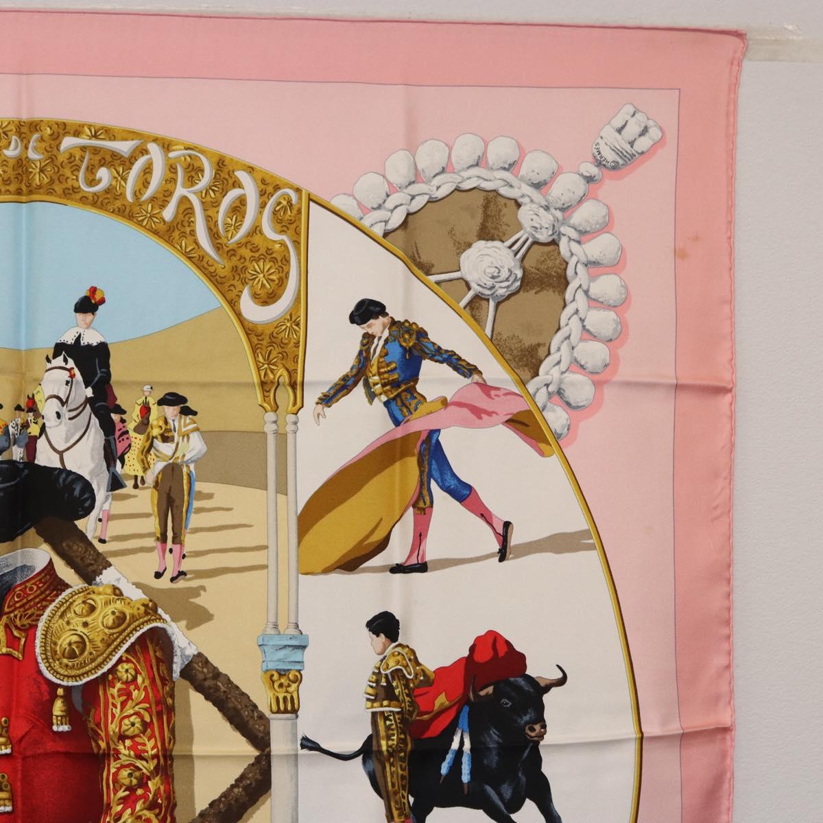 HERMES Carre 90 Scarf ""PLAZA D TOROS"" Silk Pink Auth hk4127