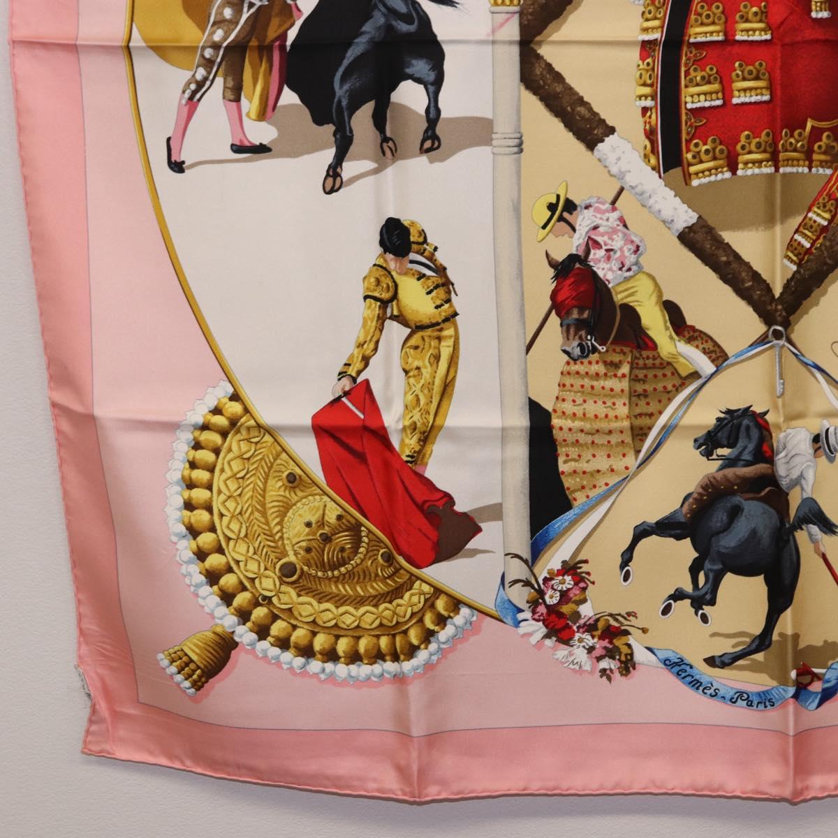 HERMES Carre 90 Scarf ""PLAZA D TOROS"" Silk Pink Auth hk4127