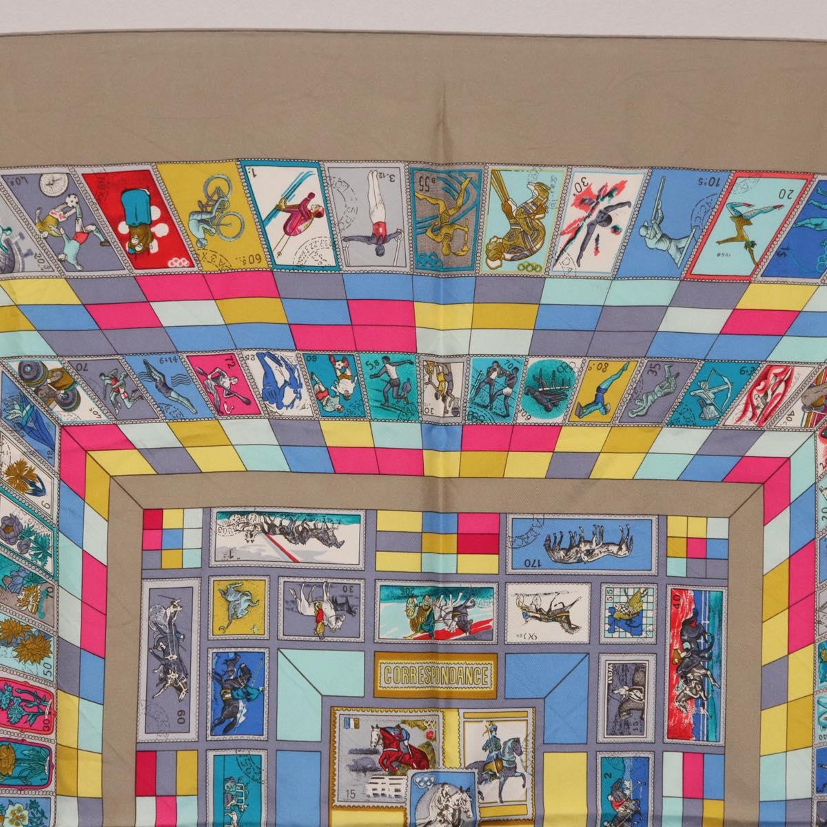 HERMES Carre 90 Scarf ""CORRE SPONDANCE"" Silk Gray Auth hk4128