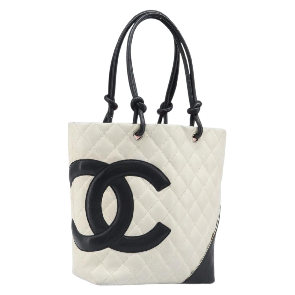 CHANEL Matelasse Cambon Line Hand Bag Calf Skin White Silver CC Auth hk4136