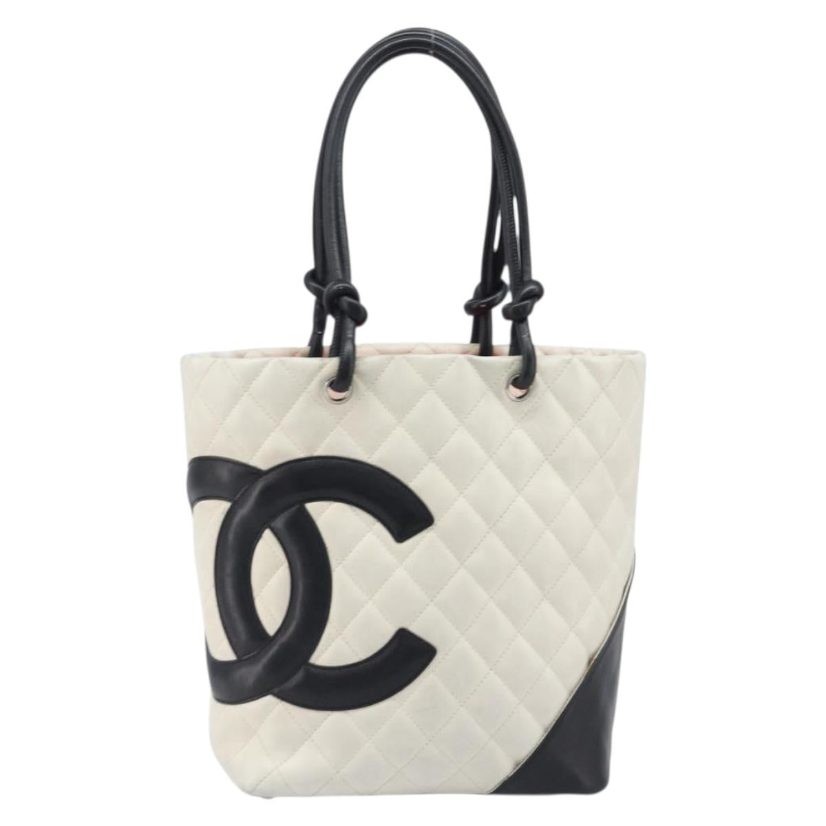 CHANEL Matelasse Cambon Line Hand Bag Calf Skin White Silver CC Auth hk4136