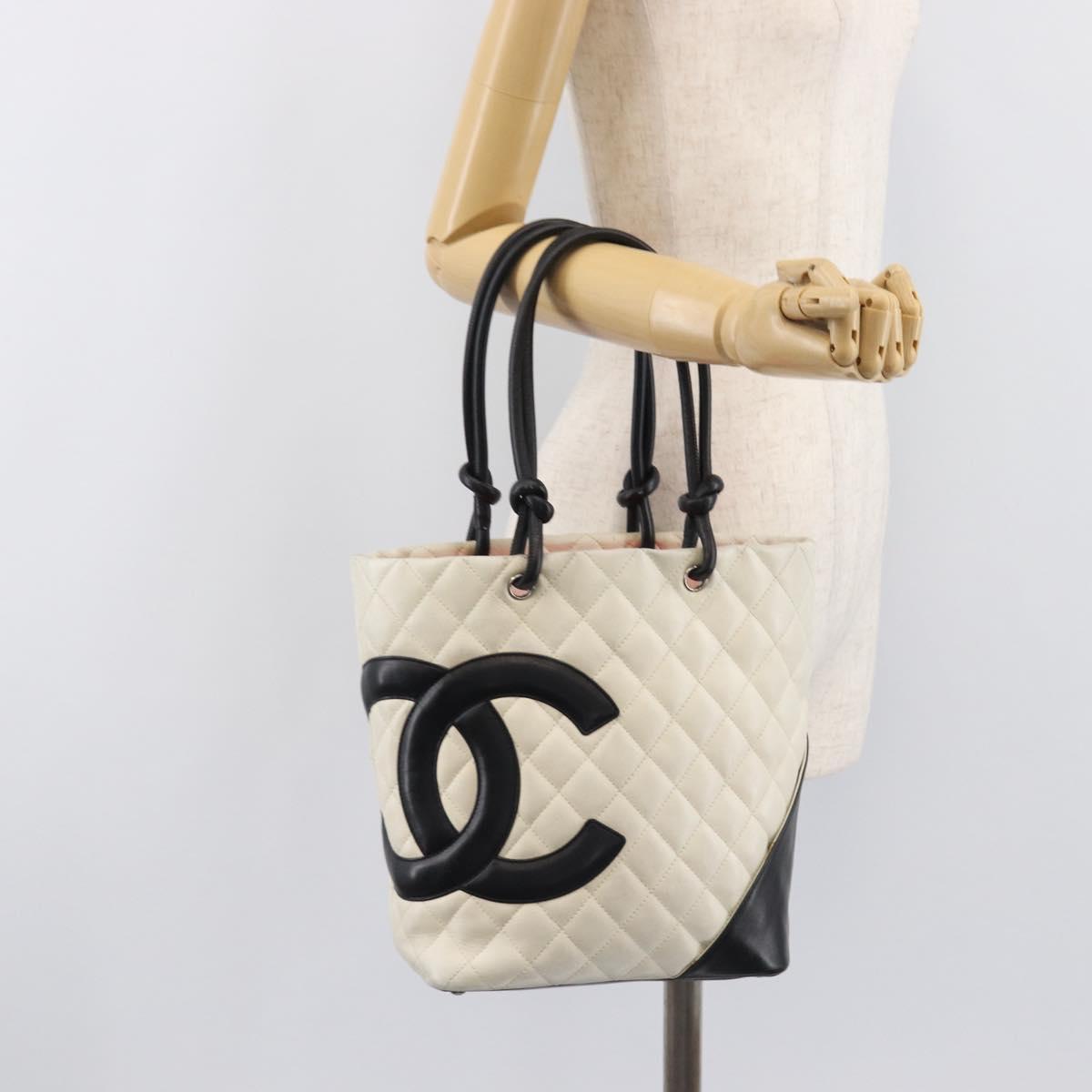 CHANEL Matelasse Cambon Line Hand Bag Calf Skin White Silver CC Auth hk4136