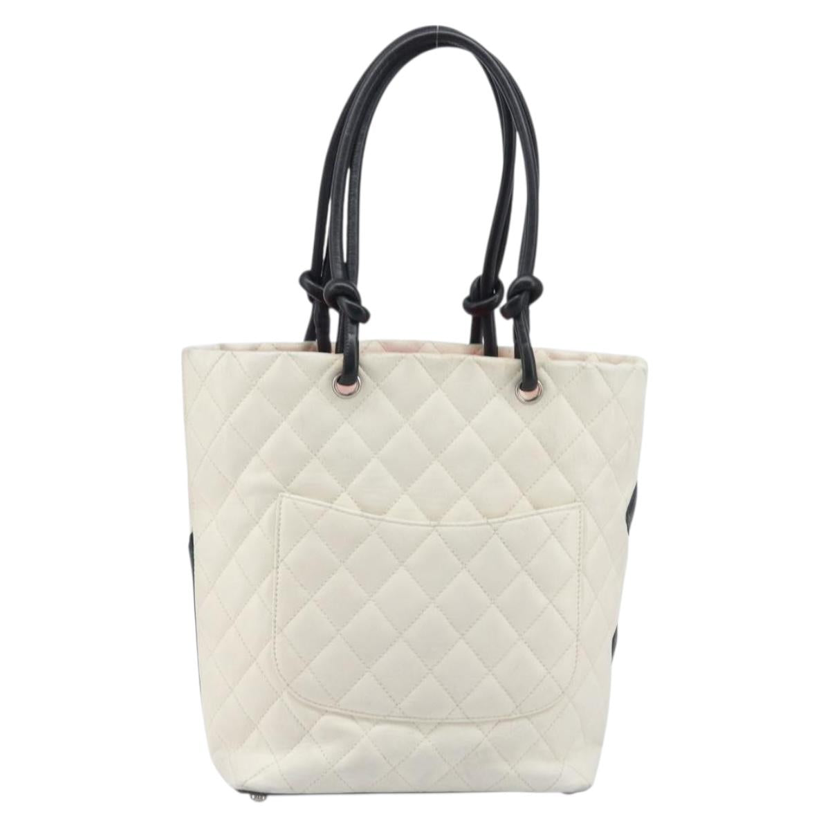 CHANEL Matelasse Cambon Line Hand Bag Calf Skin White Silver CC Auth hk4136