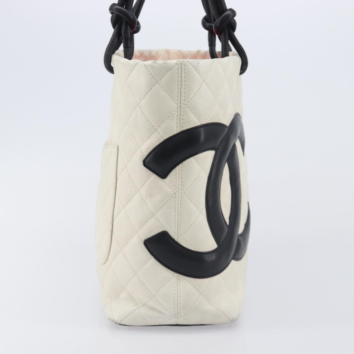 CHANEL Matelasse Cambon Line Hand Bag Calf Skin White Silver CC Auth hk4136