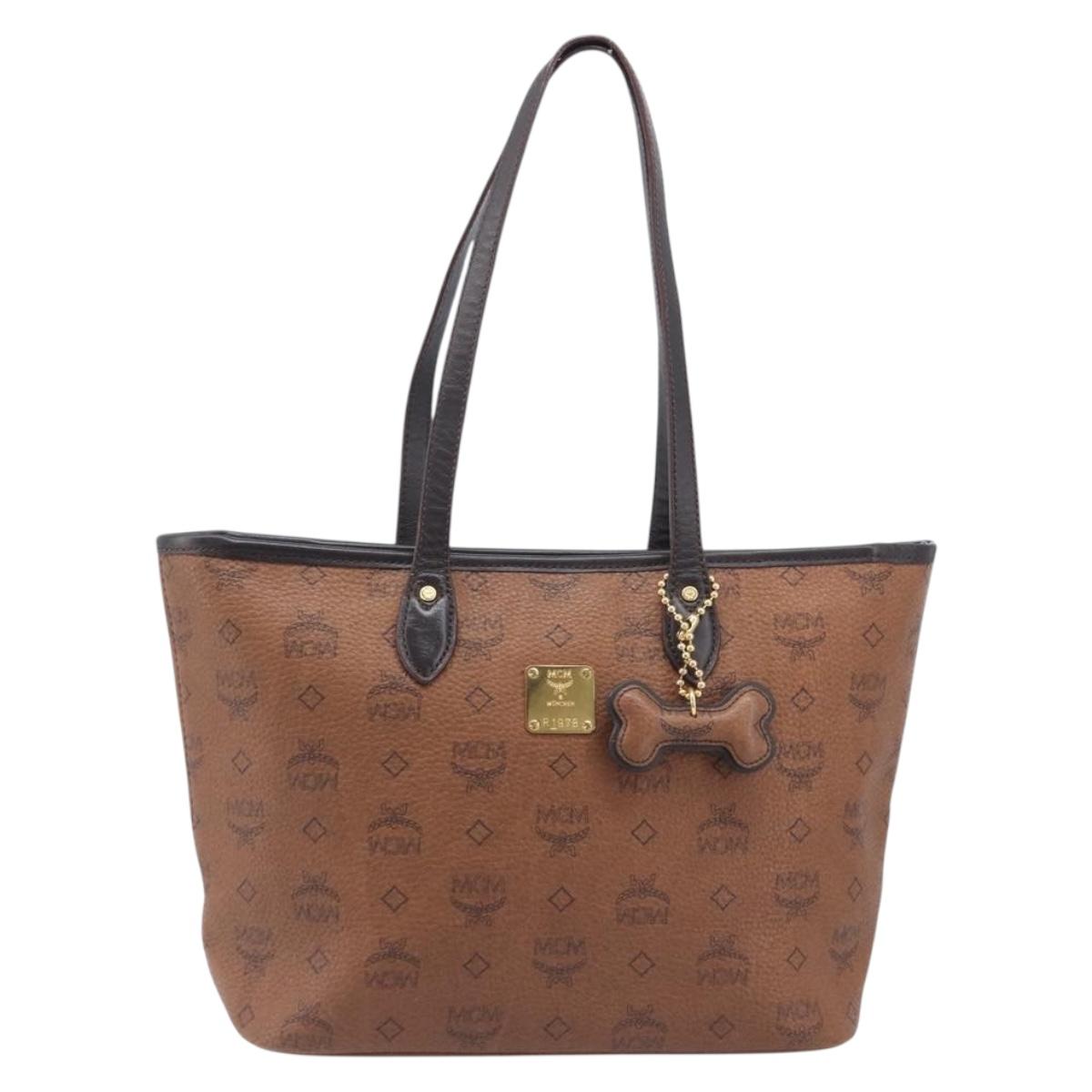 MCM Logogram Vicetos Tote Bag PVC Brown Gold Auth hk4152