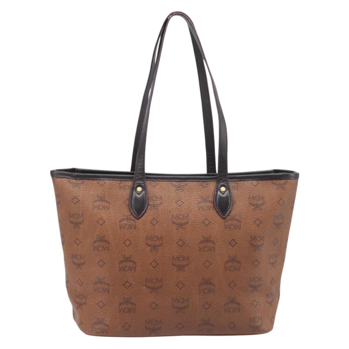 MCM Logogram Vicetos Tote Bag PVC Brown Gold Auth hk4152