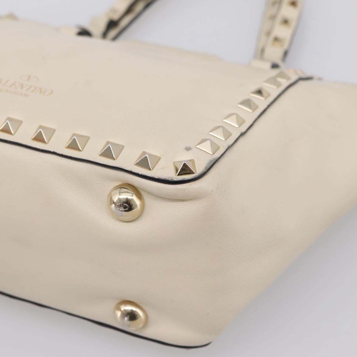 Valentino Studs Hand Bag Leather Ivory Gold Auth hk4155