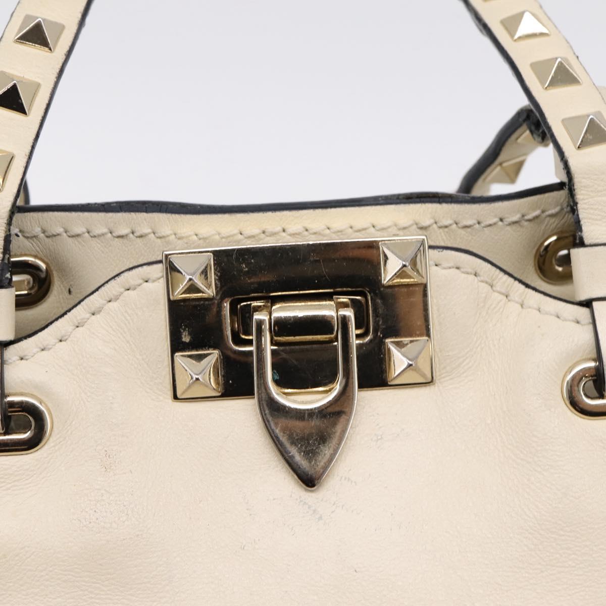 Valentino Studs Hand Bag Leather Ivory Gold Auth hk4155