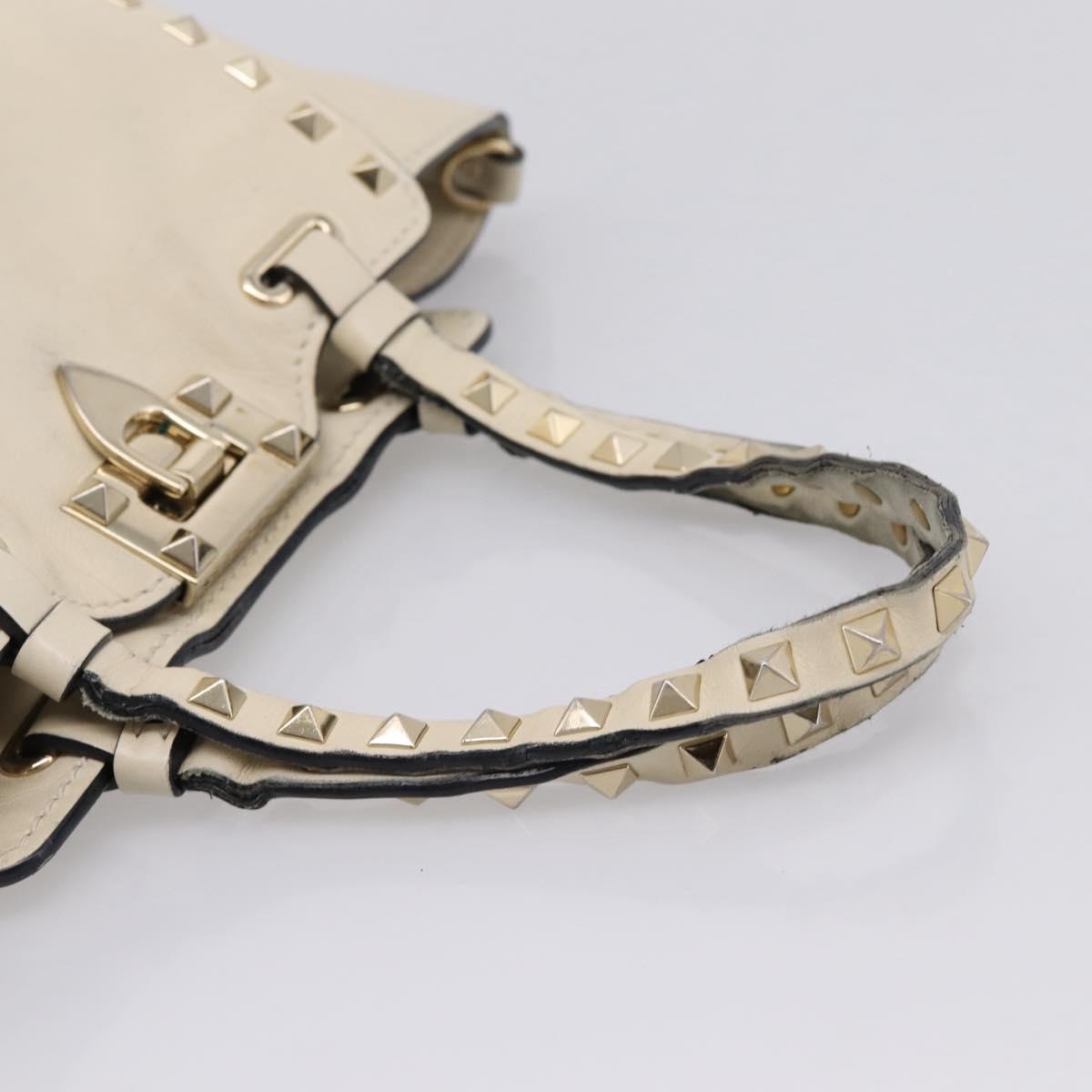 Valentino Studs Hand Bag Leather Ivory Gold Auth hk4155