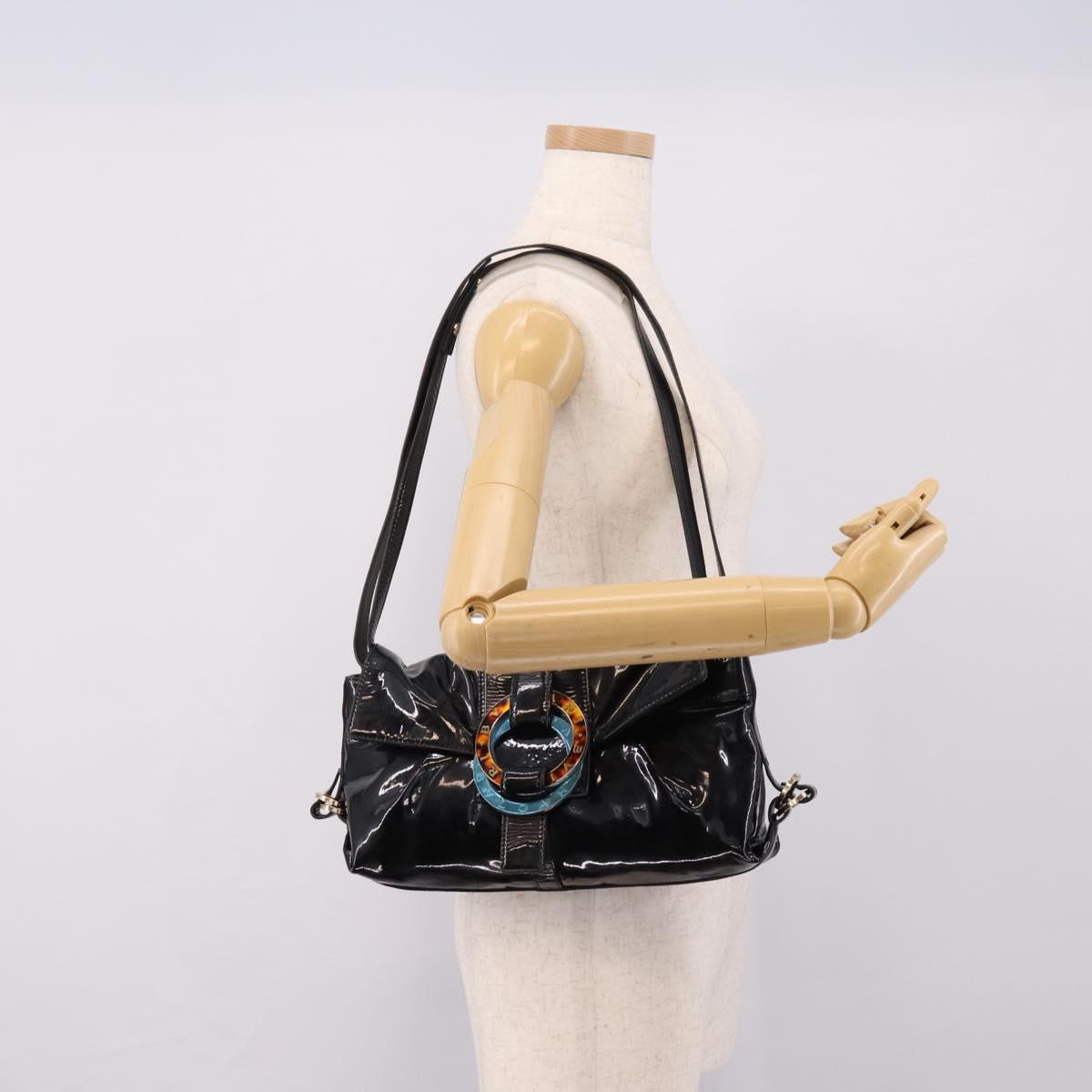 BVLGARI Shoulder Bag Patent leather Black Gold Auth hk4164