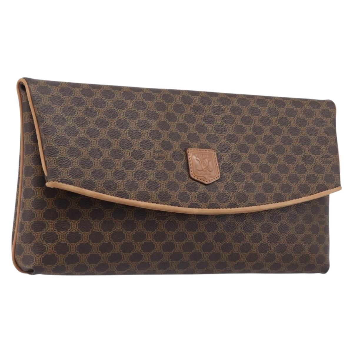 CELINE Macadam Canvas Clutch Bag PVC Leather Brown Gold Auth hk4208
