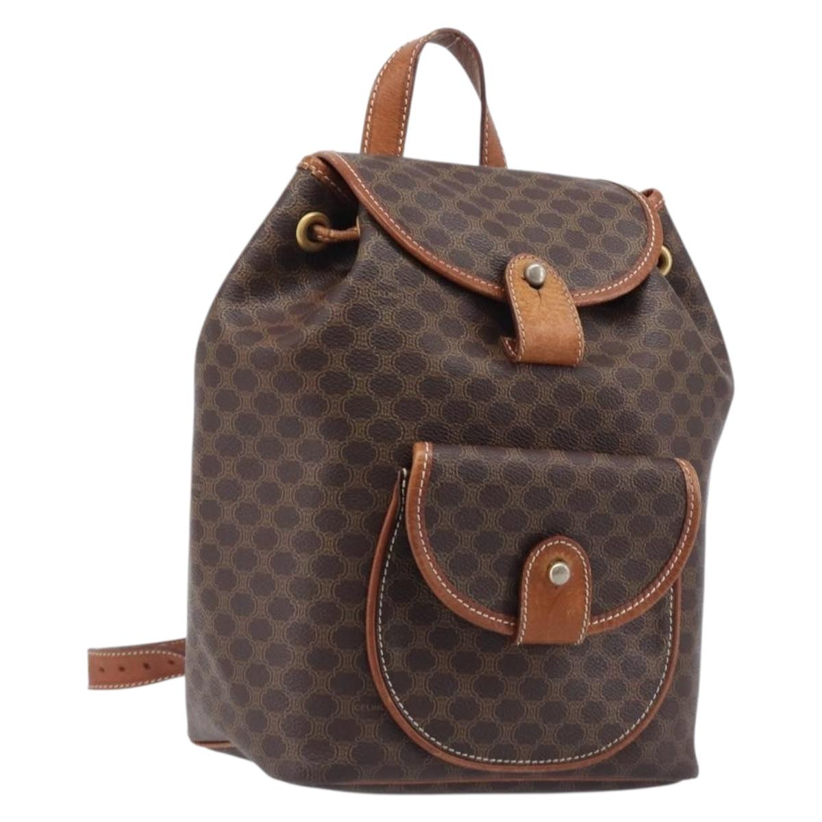 CELINE Macadam Canvas Backpack PVC Leather Brown Gold Auth hk4209