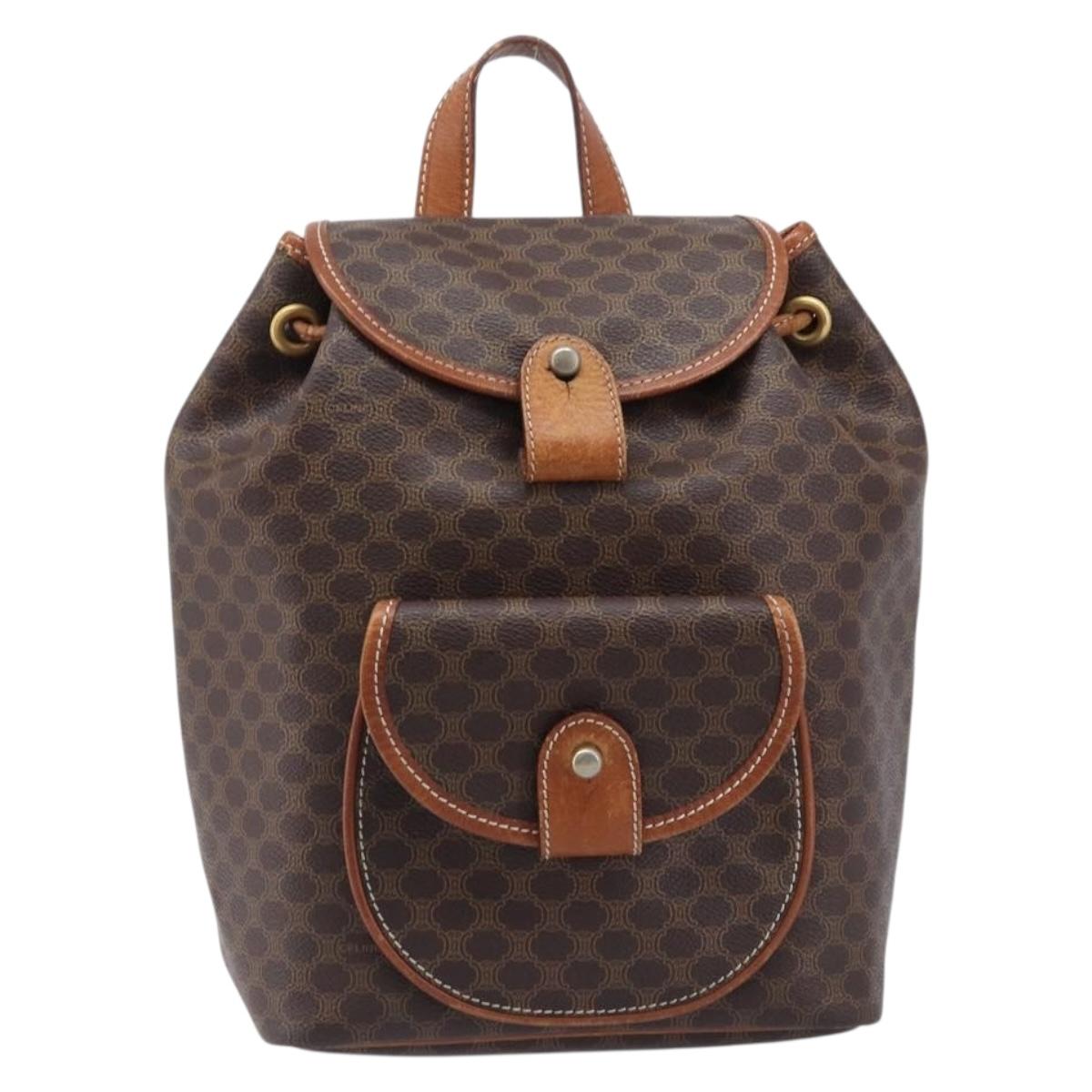 CELINE Macadam Canvas Backpack PVC Leather Brown Gold Auth hk4209