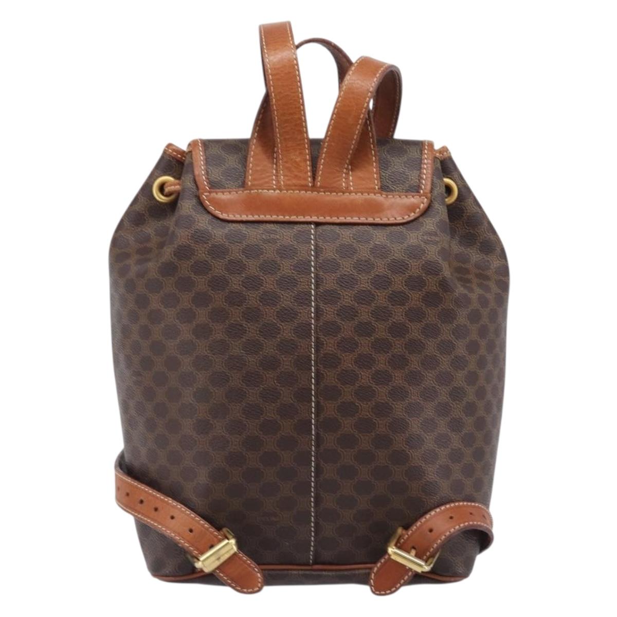 CELINE Macadam Canvas Backpack PVC Leather Brown Gold Auth hk4209