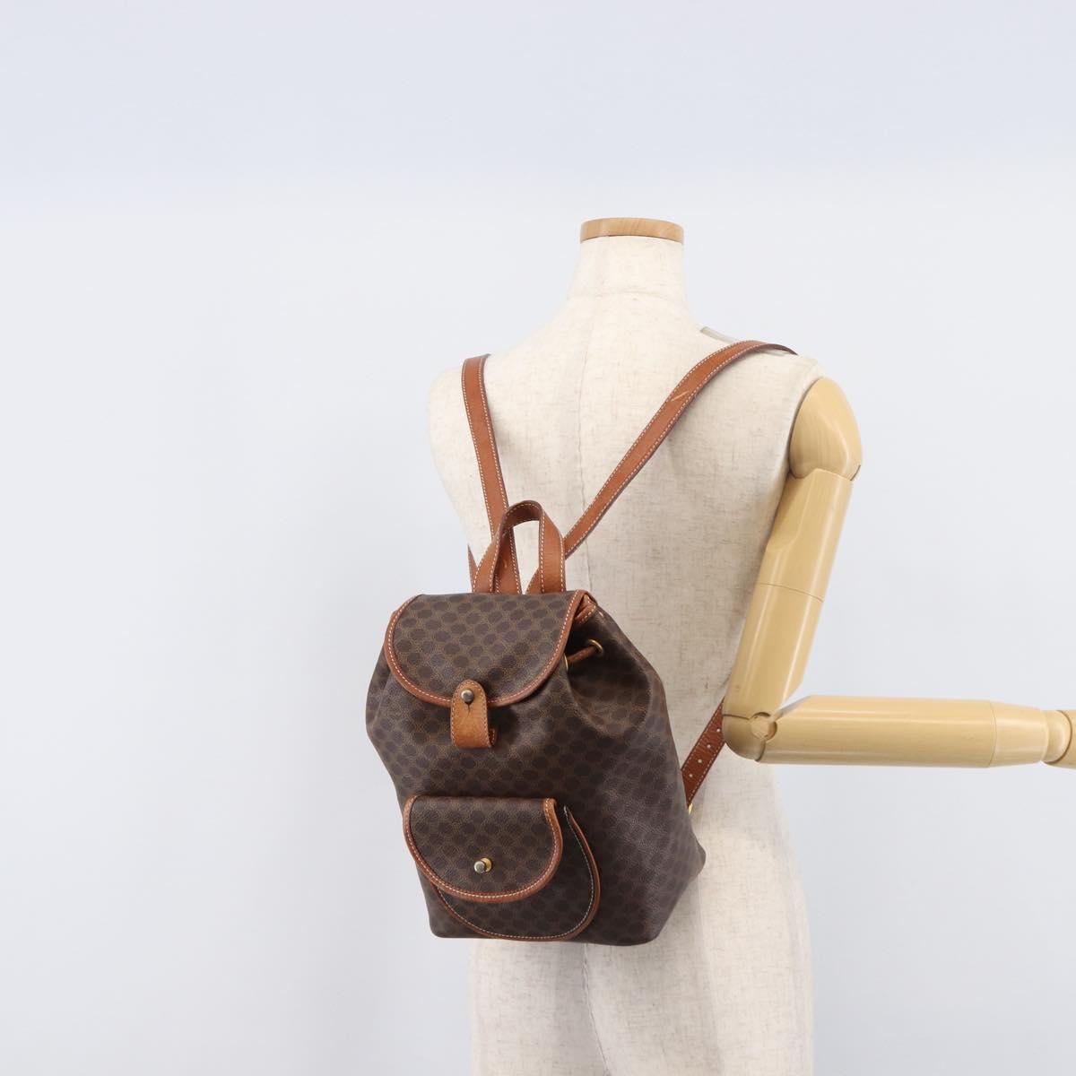 CELINE Macadam Canvas Backpack PVC Leather Brown Gold Auth hk4209