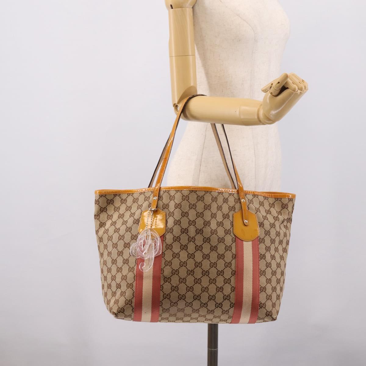 GUCCI GG Canvas Tote Bag Beige Gold 211976 Auth hk4219