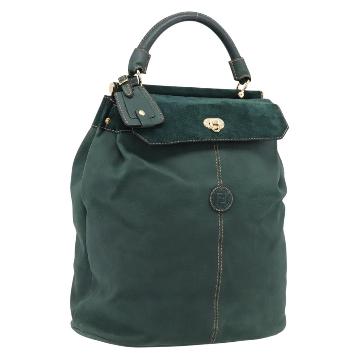 FENDI Hand Bag Suede Leather Green Gold Auth hk4223