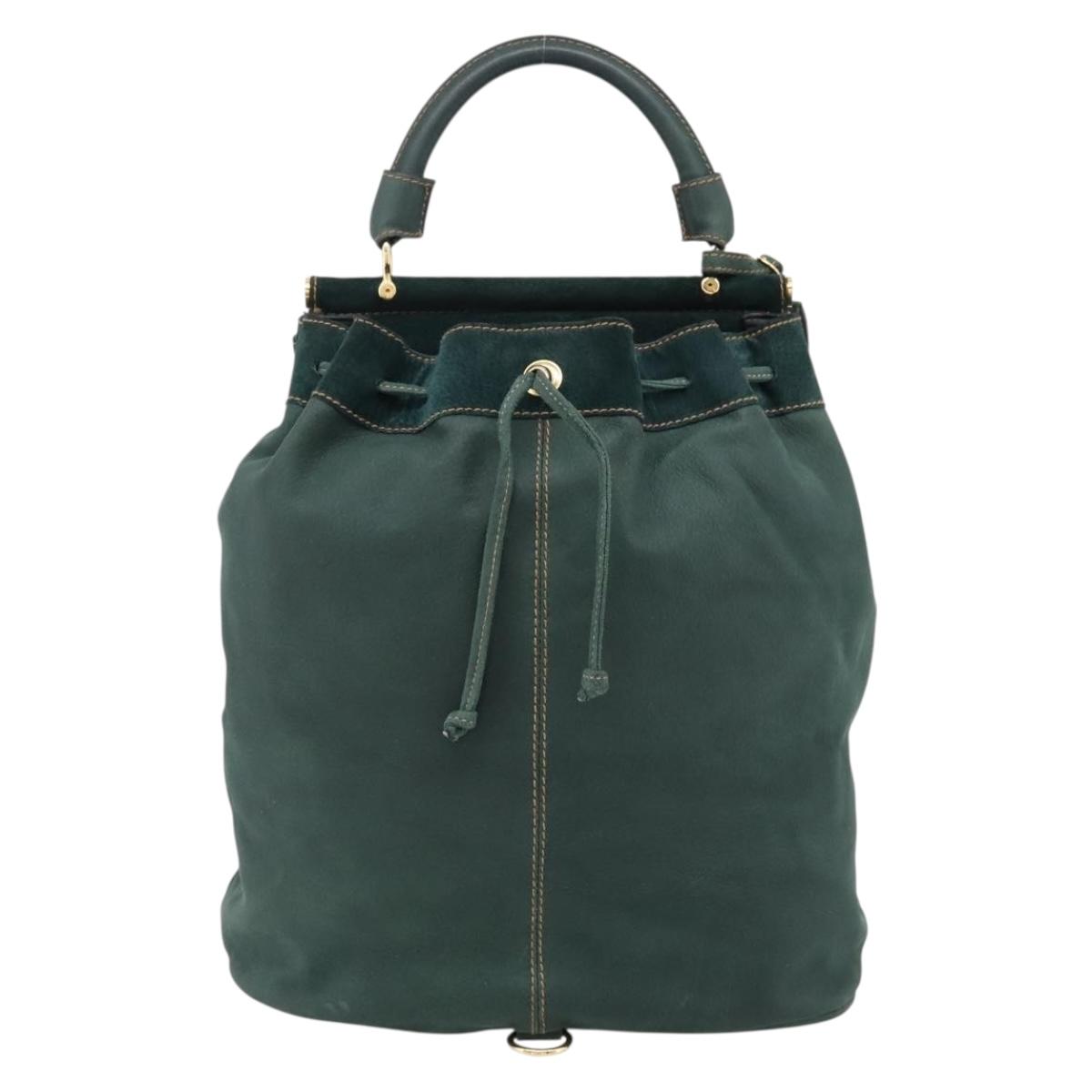 FENDI Hand Bag Suede Leather Green Gold Auth hk4223