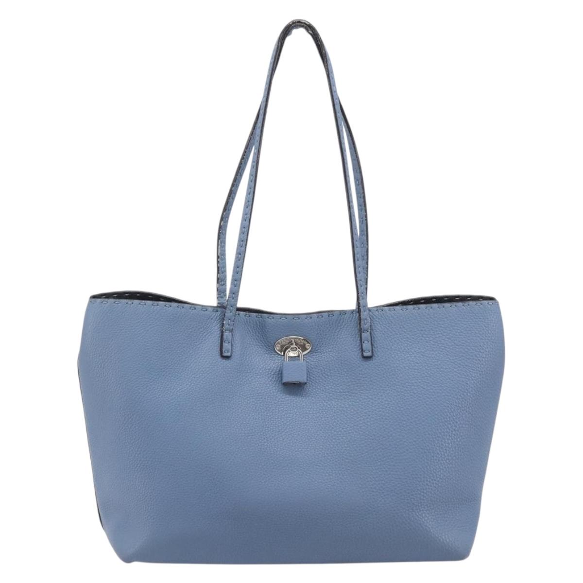 FENDI Celeria Tote Bag Leather Light Blue Silver Auth hk4224