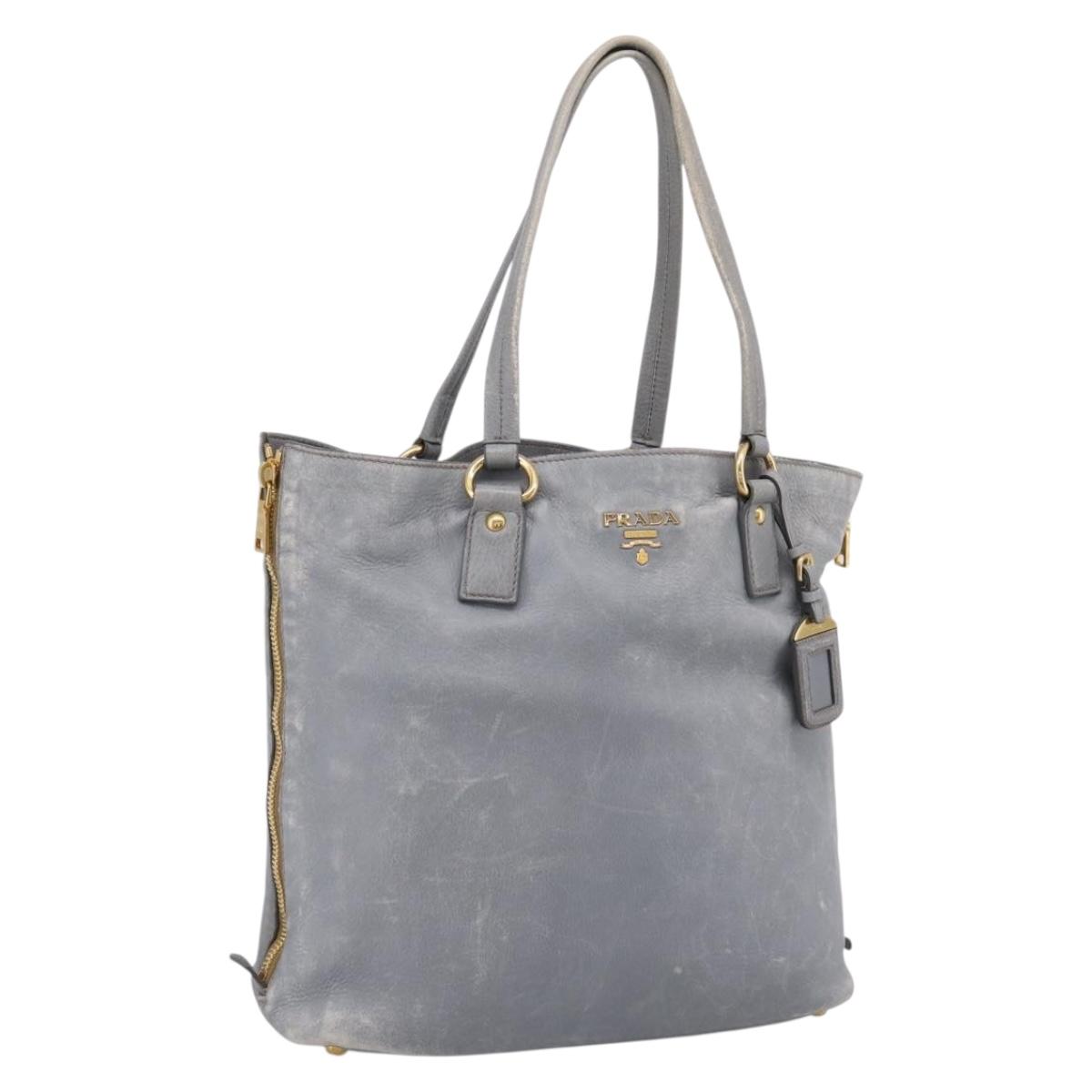PRADA Tote Bag Leather Light Blue Gold Auth hk4228
