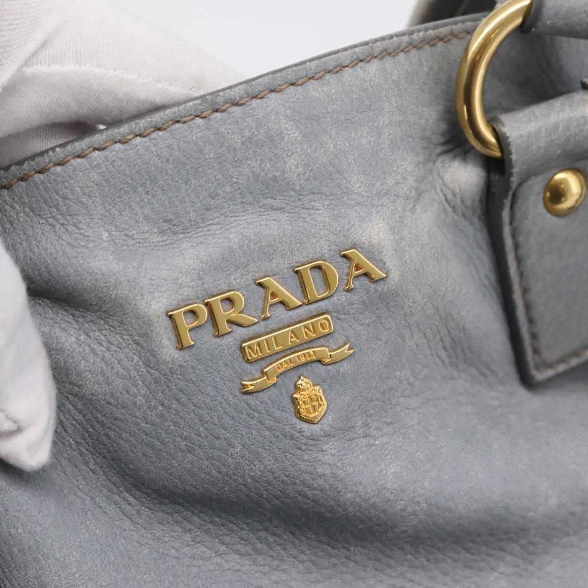 PRADA Tote Bag Leather Light Blue Gold Auth hk4228