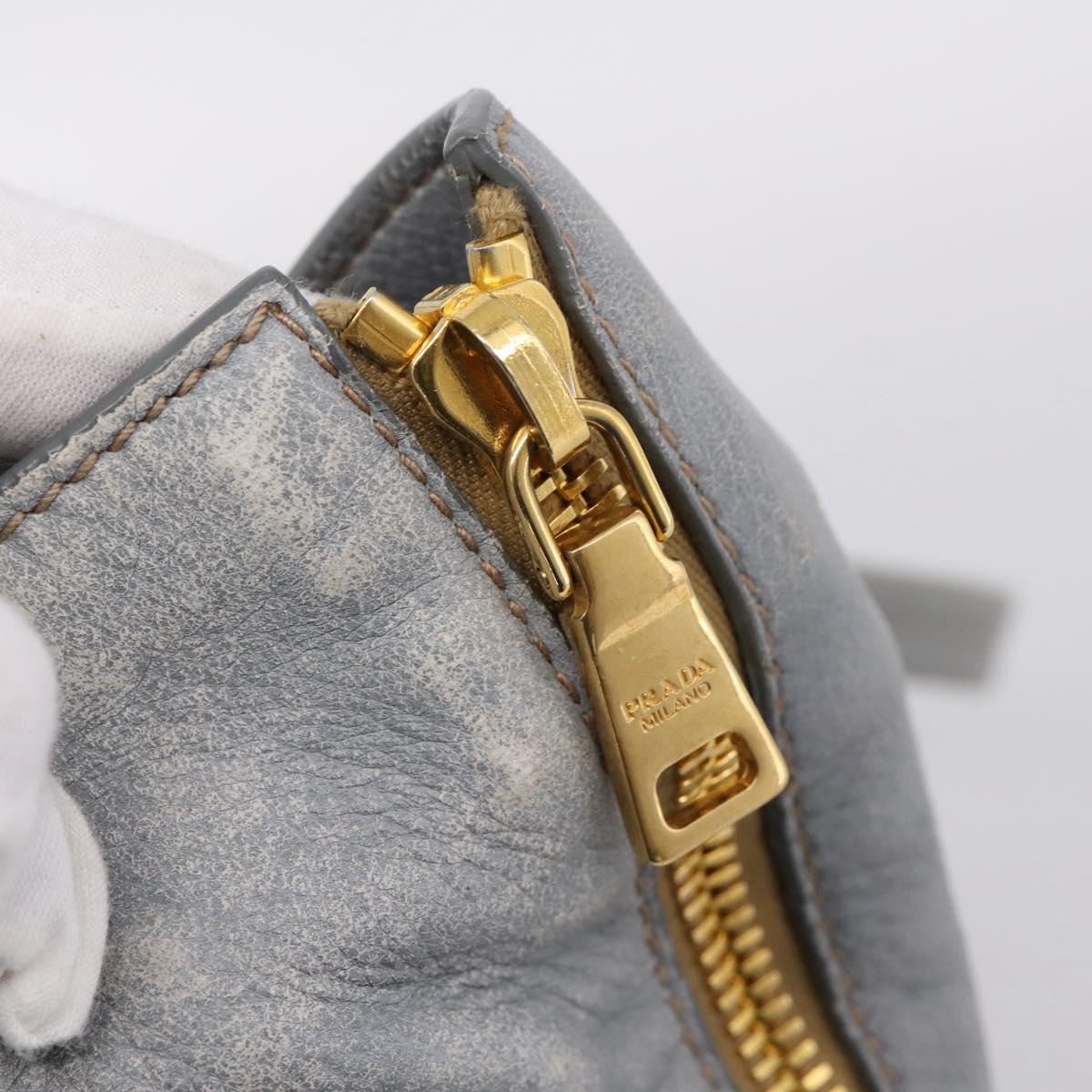 PRADA Tote Bag Leather Light Blue Gold Auth hk4228